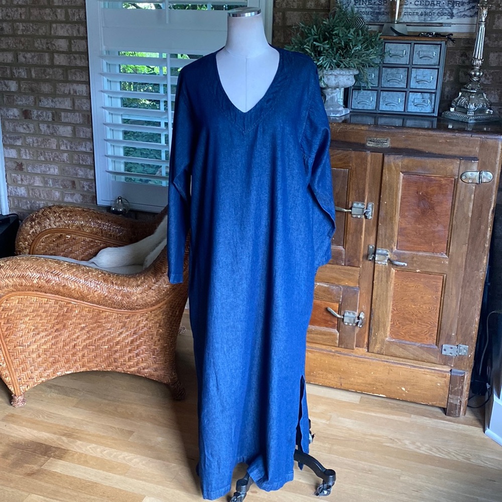 J. Peterman Indigo Blue V-Neck Maxi Dress